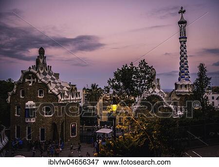Fairytale house, porter's house, and tower of the porter's lodge, at dusk, Park Güell, Barcelona, Catalonia, Spain, Europe View Large Photo Image Stock Photo - Fairytale house, porter's house, and tower of the porter's lodge, at dusk, Park Güell, Barcelona, Catalonia, Spain, Europe. Fotosearch
