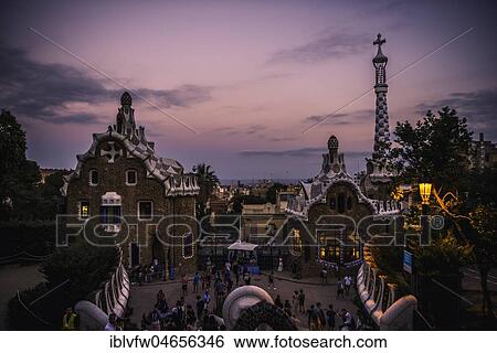 Fairytale house, porter's house, and tower of the porter's lodge, at dusk, Park Güell, Barcelona, Catalonia, Spain, Europe View Large Photo Image Stock Photograph - Fairytale house, porter's house, and tower of the porter's lodge, at dusk, Park Güell, Barcelona, Catalonia, Spain, Europe. Fotosearch