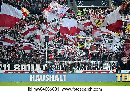 Stock Image - Fan section VfB Stuttgart, Ultras with flags in the Cannstatter Kurve, Mercedes-Benz Arena, Stuttgart, Baden-Württemberg, Germany, Europe. Fotosearch