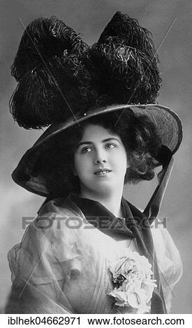 Stock Image - Fashion, hat fashion, woman with big hat, 1910s, Germany, Europe. Fotosearch