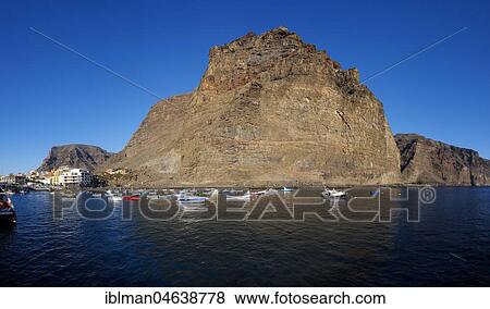 Stock Photo - Fishing boats in the port, Vueltas, Valle Gran Rey, La Gomera, Canary Islands, Spain, Europe. Fotosearch