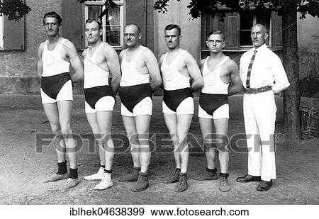 Stock Photo - Five men in strange sports pants, ca. 1920s, exact place unknown, Germany, Europe. Fotosearch