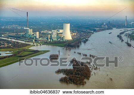Stock Photo - Flood on Rhine with Walsum power plant, near Duisburg, Ruhr Area, North Rhine-Westphalia, Germany, Europe. Fotosearch
