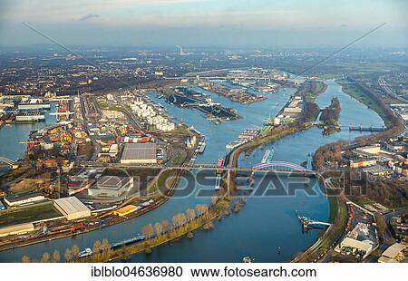 Stock Image - Flood on the Rhine, view of Duisburg inland harbour, Duisburg, Ruhr area, North Rhine-Westphalia, Germany, Europe. Fotosearch