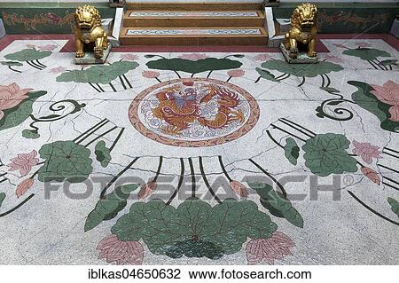 Stock Image - Floor mosaic in the courtyard, Wat Mangkon Kamalawat, Chinese Buddhist temple, Pom Prap Sattru Phai, Bangkok, Thailand, Asia. Fotosearch