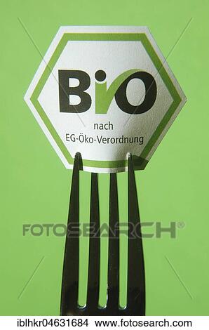 Fork with organic seal, studio recording, symbol image for nutrition, health, trend View Large Photo Image Picture - Fork with organic seal, studio recording, symbol image for nutrition, health, trend. Fotosearch
