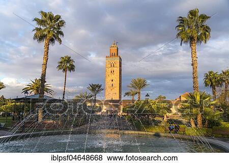 Fountain at Parc Lalla Hasna and the Minaret of Koutoubia Mosque, Morocco, Africa View Large Photo Image Stock Photo - Fountain at Parc Lalla Hasna and the Minaret of Koutoubia Mosque, Morocco, Africa. Fotosearch