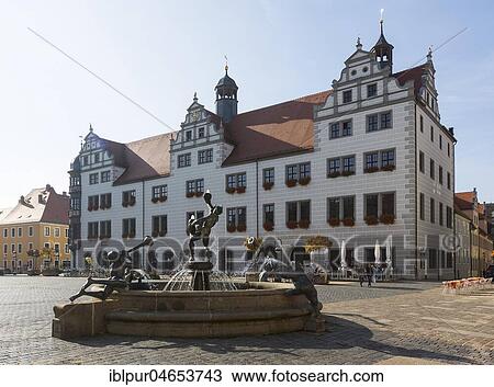 Fountain on the market square in front of the town hall, Torgau, Saxony, Germany, Europe View Large Photo Image Stock Image - Fountain on the market square in front of the town hall, Torgau, Saxony, Germany, Europe. Fotosearch