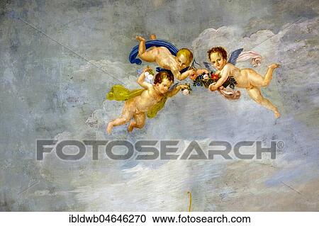 Stock Image - Fresco with three floating angels, putti, Palace of the Normans, Palazzo Reale, Palermo, Sicily, Italy, Europe. Fotosearch
