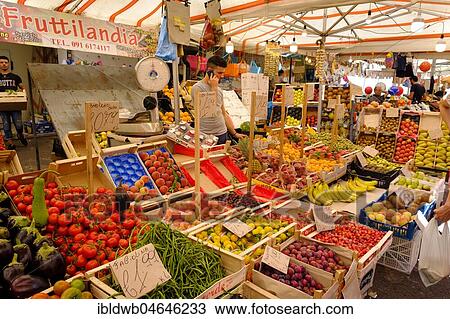Stock Image - Fruit and Vegetable Market Ballaro Market, Mercato di Ballaro, Palermo, Sicily, Italy, Europe. Fotosearch