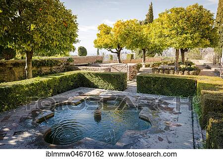 Garden with fountain, Summer Palace Generalife, Palacio de Generalife, Granada, Andalusia, Spain, Europe View Large Photo Image Stock Image - Garden with fountain, Summer Palace Generalife, Palacio de Generalife, Granada, Andalusia, Spain, Europe. Fotosearch