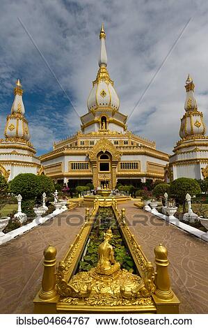 Gilded 101m high Phra Maha Chedi Chai Mongkhon Pagoda, Lotus Fountain, Wat Pha Nam Yoi Temple, Phuttha-Utthayan Park, Province Roi Et, Isan, Northeast, Thailand, Asia View Large Photo Image Stock Photo - Gilded 101m high Phra Maha Chedi Chai Mongkhon Pagoda, Lotus Fountain, Wat Pha Nam Yoi Temple, Phuttha-Utthayan Park, Province Roi Et, Isan, Northeast, Thailand, Asia. Fotosearch