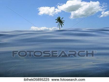 Stock Photography - Global warming, climate catastrophe, rising sea level, an island sinks into the sea, symbolic image. Fotosearch