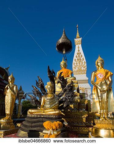 Golden Buddha statues in front of the Chedi of Wat Phra That Phanom, temple complex in Amphoe That Phanom, Nakhon Phanom Province, Isan, Thailand, Asia View Large Photo Image Stock Image - Golden Buddha statues in front of the Chedi of Wat Phra That Phanom, temple complex in Amphoe That Phanom, Nakhon Phanom Province, Isan, Thailand, Asia. Fotosearch