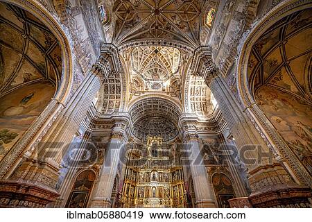 Stock Photo - Golden high altar, interior, ornamental ceiling, Renaissance church and monastery, Monasterio de San Jerónimo, Granada, Andalusia, Spain, Europe. Fotosearch