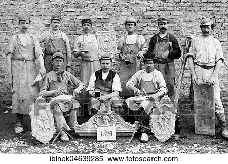 Stock Photography - Handicraft, group picture, stuccoers with stucco as an example of work, 1894, exact location unknown, Germany, Europe. Fotosearch