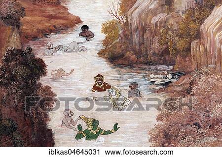 Hanuman baths in a river, scene from the Ramakia, wall painting in Wat Phra Kiev, Ko Ratanakosin, Bangkok, Thailand, Asia View Large Photo Image Stock Image - Hanuman baths in a river, scene from the Ramakia, wall painting in Wat Phra Kiev, Ko Ratanakosin, Bangkok, Thailand, Asia. Fotosearch