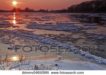 Ice run, small ice floes on the Elbe at sunset, Biosphere Reserve Middle Elbe, Dessau-Roßlau, Saxony-Anhalt, Germany, Europe View Large Photo Image Stock Photography - Ice run, small ice floes on the Elbe at sunset, Biosphere Reserve Middle Elbe, Dessau-Roßlau, Saxony-Anhalt, Germany, Europe. Fotosearch