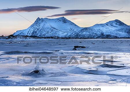 Icy coast on dusk, Gimsoy, Lofoten, Norway, Europe View Large Photo Image Stock Photo - Icy coast on dusk, Gimsoy, Lofoten, Norway, Europe. Fotosearch