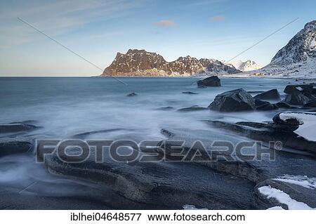 Icy Uttakleiv Beach, Lofoten, Norway, Europe View Large Photo Image Stock Photo - Icy Uttakleiv Beach, Lofoten, Norway, Europe. Fotosearch
