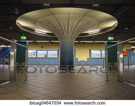 Picture - Illuminated column in entrance hall with ticket machine, subway station Opernplatz, Westend, Frankfurt am Main, Hesse, Germany, Europe. Fotosearch