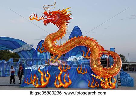 Stock Photograph - Illuminated dragon figure, Chinese lights event, Montreal, Province of Quebec, Canada, North America. Fotosearch