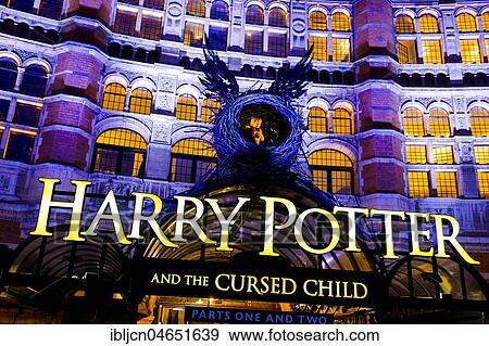 Stock Photo - Illuminated facade of the Palace Theatre with advertising for Harry Potter play, West End, London, Great Britain. Fotosearch