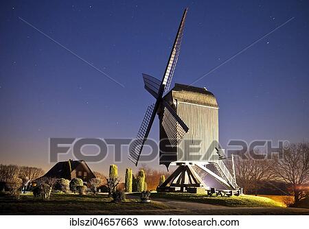 Illuminated Kastenbockwindmühle, historical windmill, with starry sky, Tönisberg, Kempen, Lower Rhine, North Rhine-Westphalia, Germany, Europe View Large Photo Image Stock Image - Illuminated Kastenbockwindmühle, historical windmill, with starry sky, Tönisberg, Kempen, Lower Rhine, North Rhine-Westphalia, Germany, Europe. Fotosearch