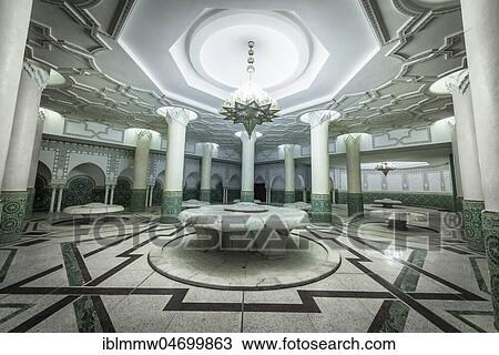 Stock Image - Interior view, Washroom, Hassan II Mosque, Grande Mosquée Hassan II, Moorish Architecture, Casablanca, Morocco, Africa. Fotosearch