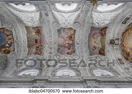 Interior view with ceiling frescoes and stucco, Basilica St. Quirin, monastery, Tegernsee Castle, Tegernsee, Upper Bavaria, Bavaria, Germany, Europe View Large Photo Image Stock Image - Interior view with ceiling frescoes and stucco, Basilica St. Quirin, monastery, Tegernsee Castle, Tegernsee, Upper Bavaria, Bavaria, Germany, Europe. Fotosearch