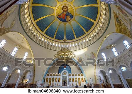 Stock Image - Interior view with dome, Orthodox Resurrection Cathedral, Cathedral of Christ's Resurrection, Katedralja e Ringjalljës së Krishtit, Tirana, Albania, Europe. Fotosearch
