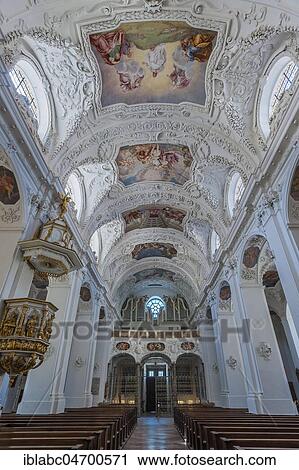 Interior view with organ gallery and ceiling frescoes and stucco, Basilica St. Quirin, monastery, Tegernsee Castle, Tegernsee, Upper Bavaria, Bavaria, Germany, Europe View Large Photo Image Stock Image - Interior view with organ gallery and ceiling frescoes and stucco, Basilica St. Quirin, monastery, Tegernsee Castle, Tegernsee, Upper Bavaria, Bavaria, Germany, Europe. Fotosearch