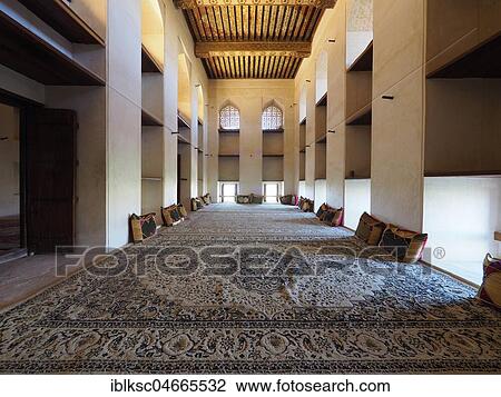 Stock Image - Interior with carpet, Jabrin Castle, Dakhliyah Region, Oman, Asia. Fotosearch