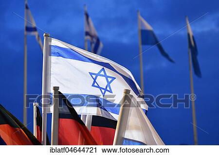 Stock Image - Israeli flag on state visit to the Munich Security Conference, Siko, Munich Airport, Upper Bavaria, Germany, Europe. Fotosearch