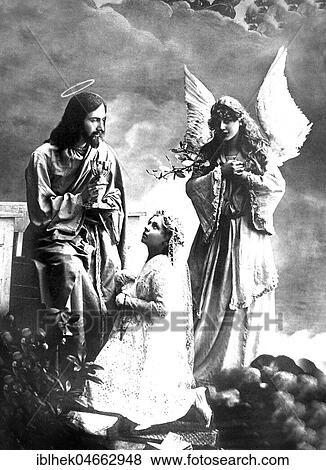Jesus with angel and girl, 1920s, Germany, Europe View Large Photo Image Stock Photo - Jesus with angel and girl, 1920s, Germany, Europe. Fotosearch