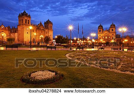 Picture - Kathedrale und Kirche Iglesia La Compania de Jesus bei Dammerung, Plaza de Armas, Cusco, Provinz Cusco, Peru, Sudamerika. Fotosearch