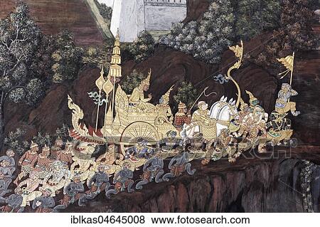 Stock Photo - King Rama on his chariot, accompanied by monkey warriors, scene from Ramacia, wall painting in Wat Phra Kaeo, Buddhist temple complex, Ko Ratanakosin, Bangkok, Thailand, Asia. Fotosearch
