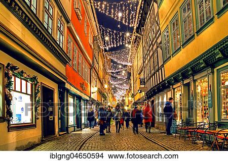 Picture - Krämerbrücke with Christmas lights, Erfurt, Thuringia, Germany, Europe. Fotosearch