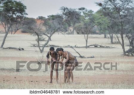 Stock Image - Kung Bushmen are following an animal trail, Zebra Lodge, Hardap Region, Namibia!. Fotosearch