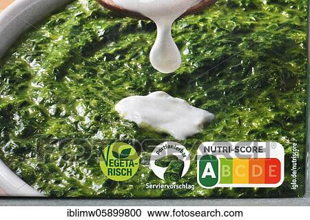 Stock Image - Label NUTRI-SCORE, nutritional labelling system, nationwide introduction from November 2020, here on a package of creamed spinach from Iglo, Baden-Württemberg, Germany, Europe. Fotosearch
