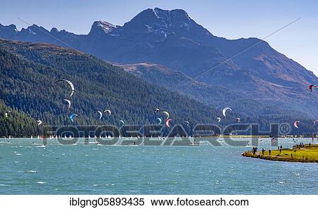 Stock Photography - Lake Silvaplana with kitesurfers and sailing boats, Silvaplana, Inn valley, Bernina Alps, Upper Engadine, Engadine, Grisons, Switzerland, Europe. Fotosearch