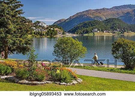Stock Image - Lake St. Moritz, St. Moritz, Bernina Alps, Upper Engadine, Engadine, Grisons, Switzerland, Europe. Fotosearch
