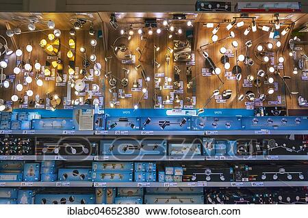 Stock Image - Lamps department, various lamps and lights, hardware store, interior, Bavaria, Germany, Europe. Fotosearch