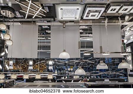 Stock Photo - Lamps department, various lamps and lights, hardware store, interior, Bavaria, Germany, Europe. Fotosearch