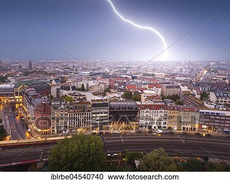 Stock Image - Lightning strike in northern Berlin, Berlin, Germany, Europe. Fotosearch