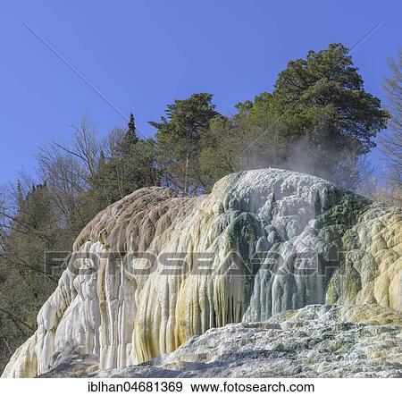 Stock Photo - Lime deposits, La Balena Bianca travertine terrace, the white whale, Bagni San Filippo thermal spring, Tuscany, Italy, Europe. Fotosearch