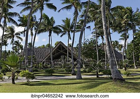 Stock Image - Lobby with palm garden, Hotel KiaOra Resort & Spa, Rangiroa, Society Islands, Windward Islands, French Polynesia, Oceania. Fotosearch