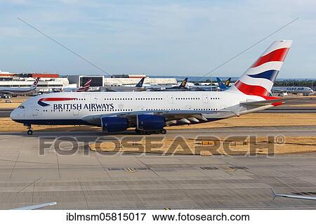 Stock Photo - London, 1 August 2018: A British Airways Airbus A380-800 with registration mark G-XLEB at Heathrow Airport (LHR) in the United Kingdom, United Kingdom, Europe. Fotosearch
