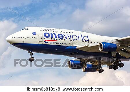 Stock Photo - London, 10 July 2019: A British Airways Boeing 747-400 aircraft with registration mark G-CIVL and special painting OneWorld at Heathrow Airport (LHR) in the United Kingdom, United Kingdom, Europe. Fotosearch