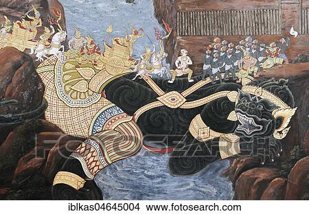 Picture - Lying demon is fought, figure from the Thai national epic Ramakia, wall painting in Wat Phra Kaeo, Ko Ratanakosin, Bangkok, Thailand, Asia. Fotosearch